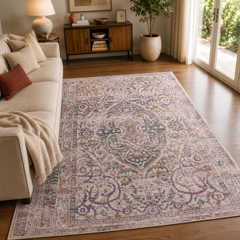 Urco Nova Noah Blush Pink & Grey Classic Vintage Rug