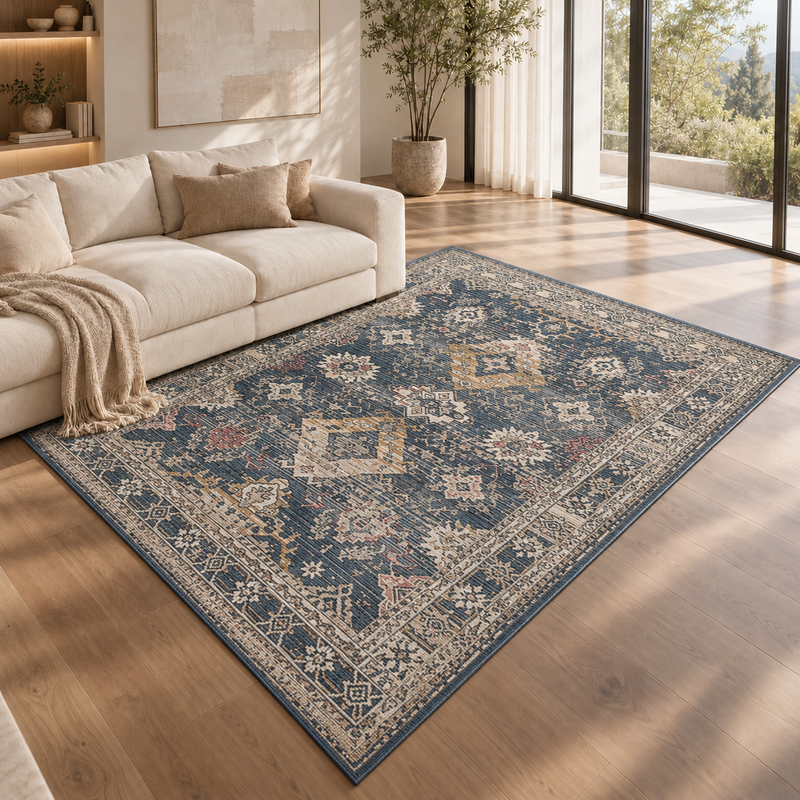 Urco Nova Lillian Deep Steel Blue & Ivory Cream Classic Vintage Rug