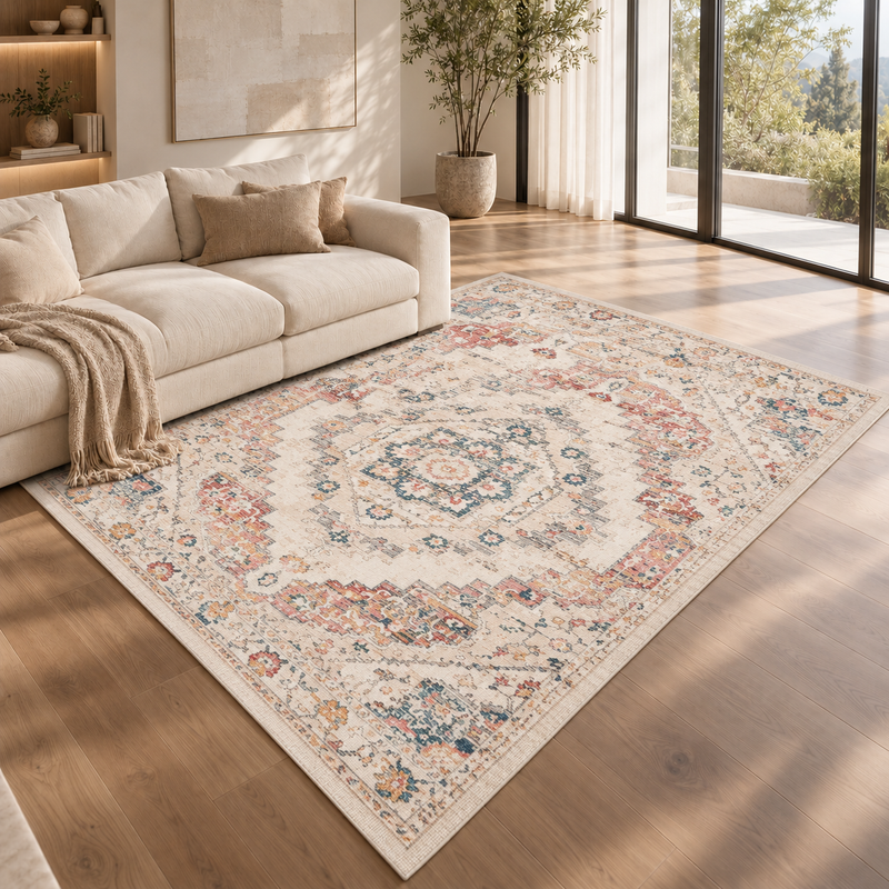 Urco Nova Loki Ivory Cream & Muted Terracotta Bohemian Vintage Rug