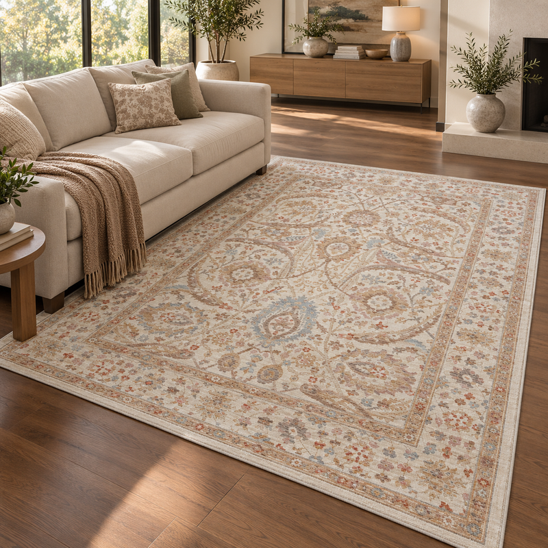 Prestige Viana Alia Ivory Cream & Soft Khaki Tan Oriental Vintage Rug