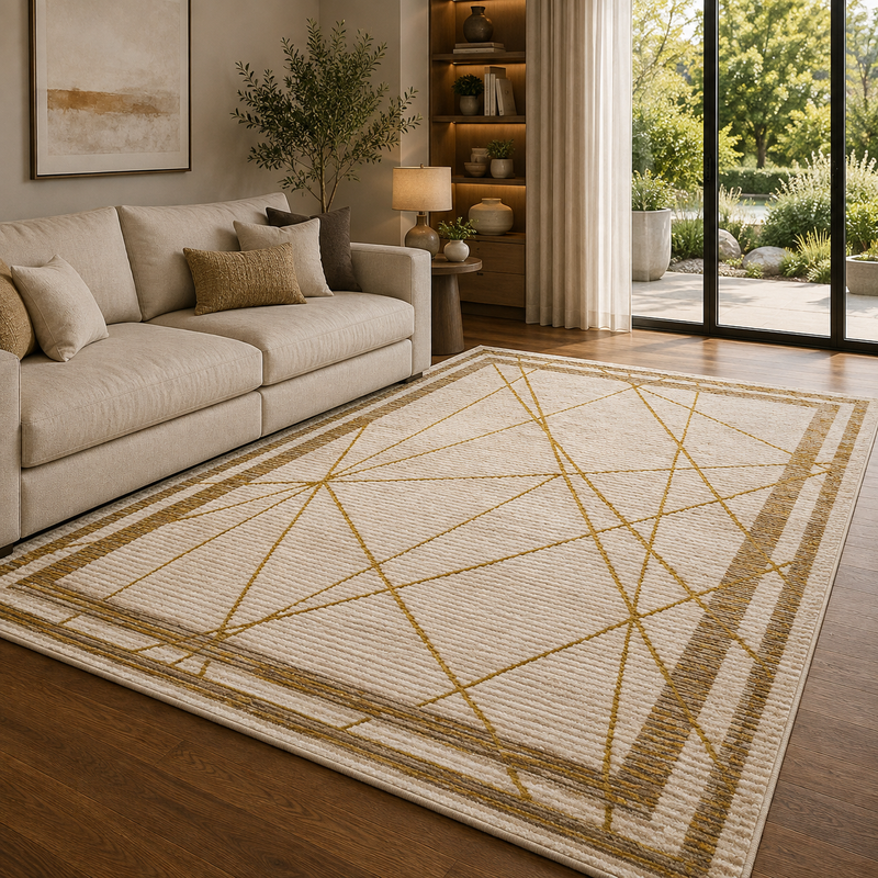 Glitz Art Deco Gold & Cream Abstract Contemporary Rug