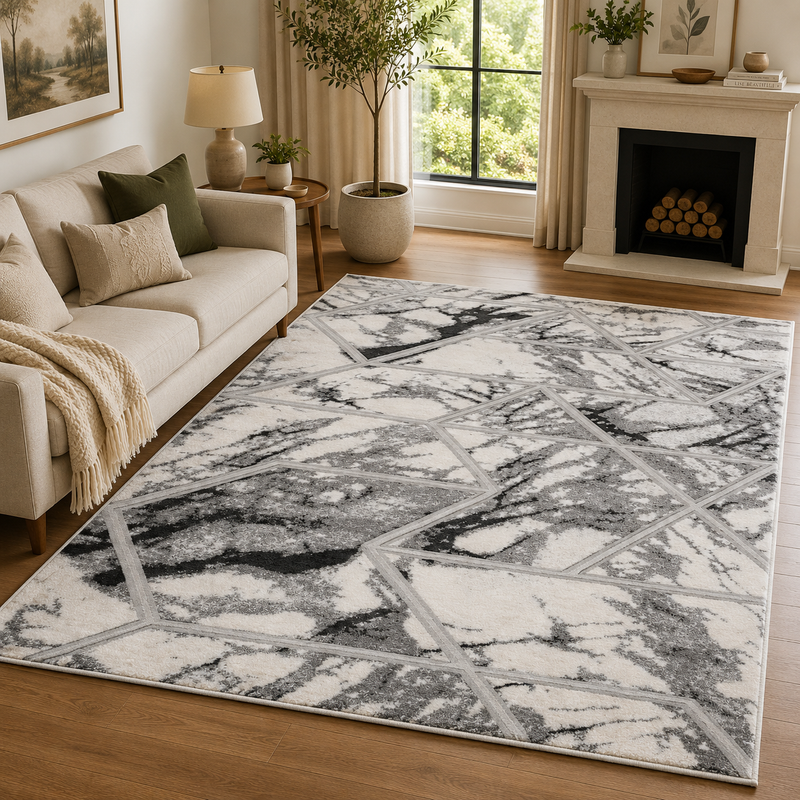 Handmade Bianco Grey & Silver Marble Contemporary Rug