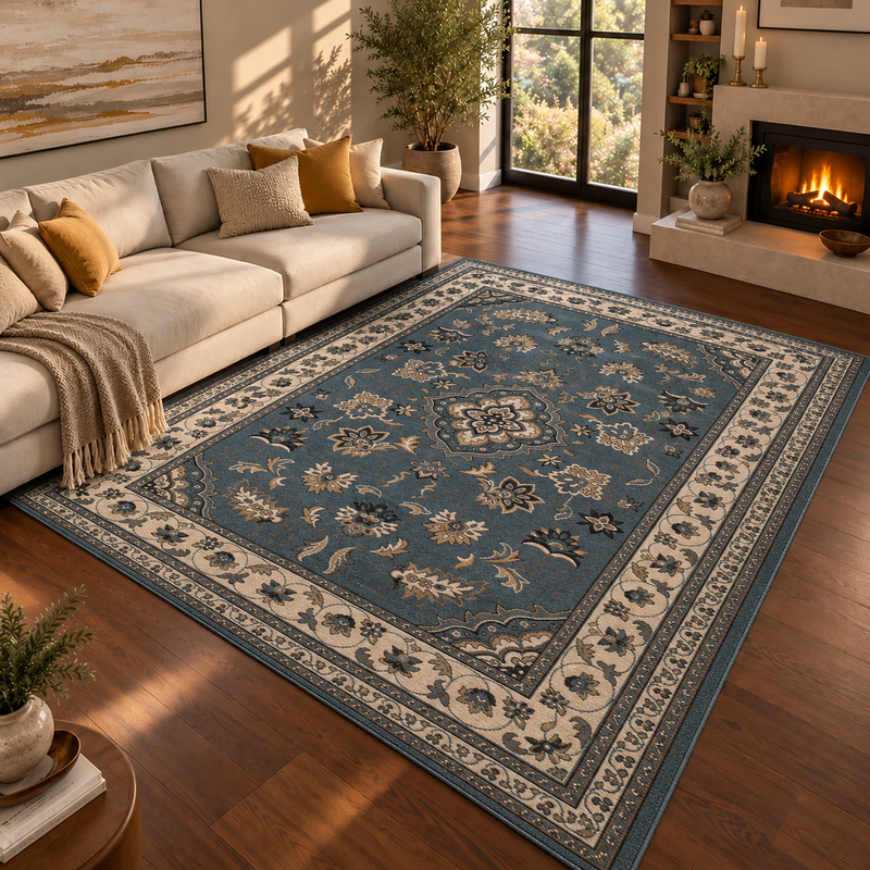 Hand Made Sherbourne Deep Steel Blue & Ivory Cream Classic Vintage Rug