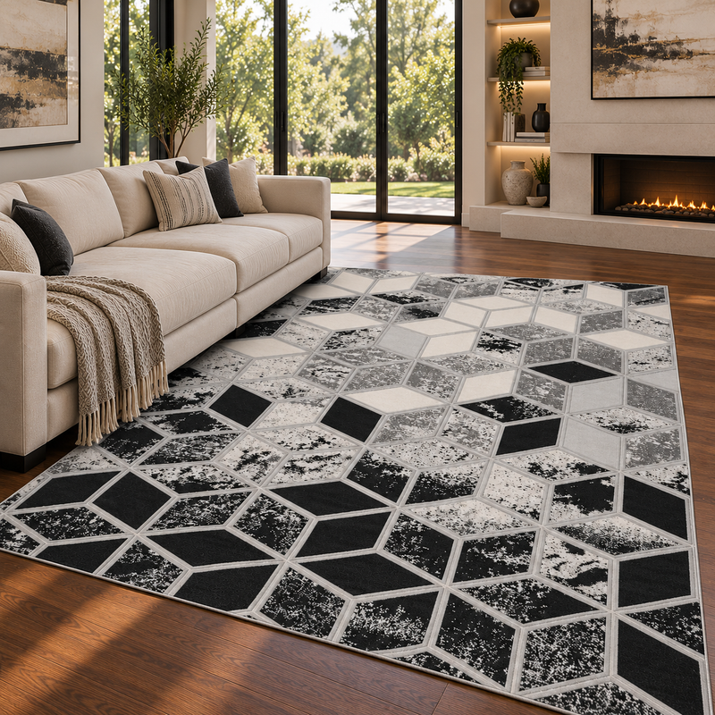 Handmade Bianco Dark Black & Silver Modern Contemporary Rug