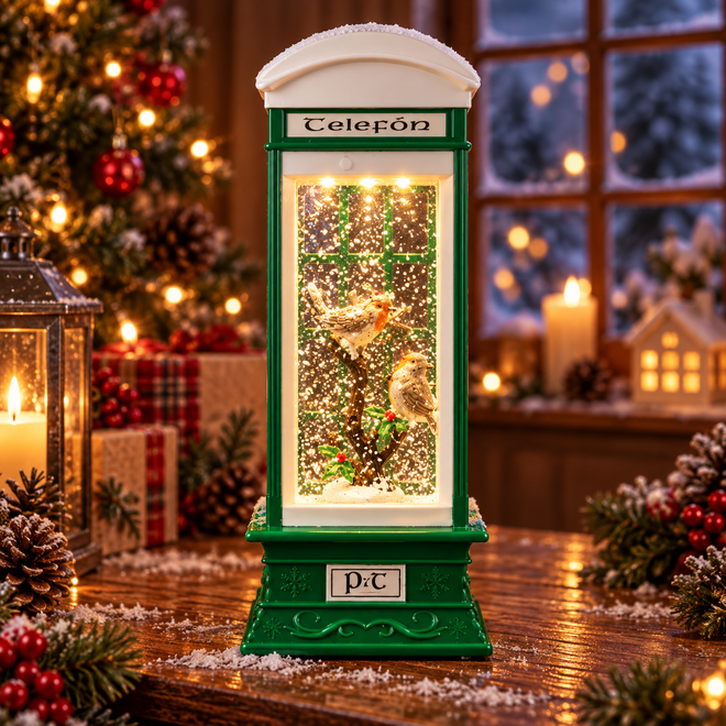 Christmas Robin Telephone Box Decoration with LED Lights