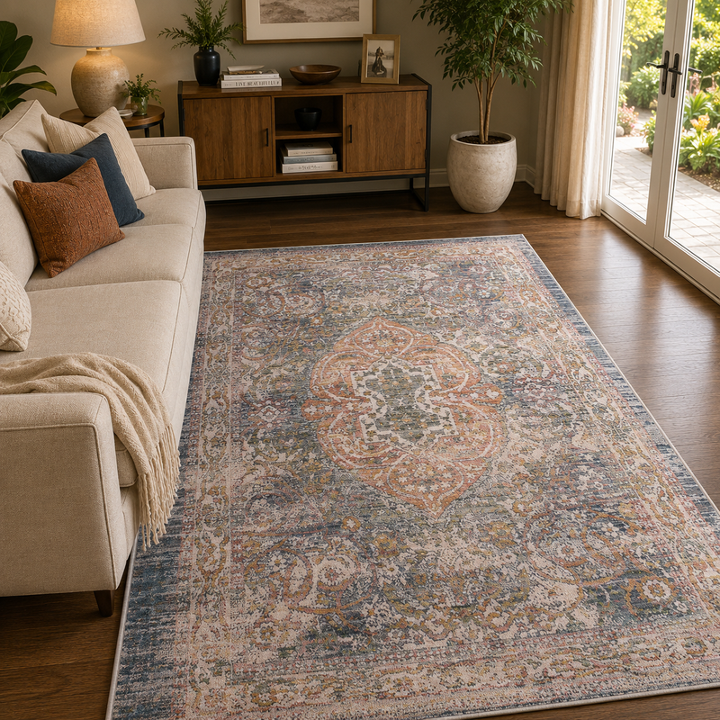 Urco Nova Noah Blush Pink & Blue Classic Vintage Rug