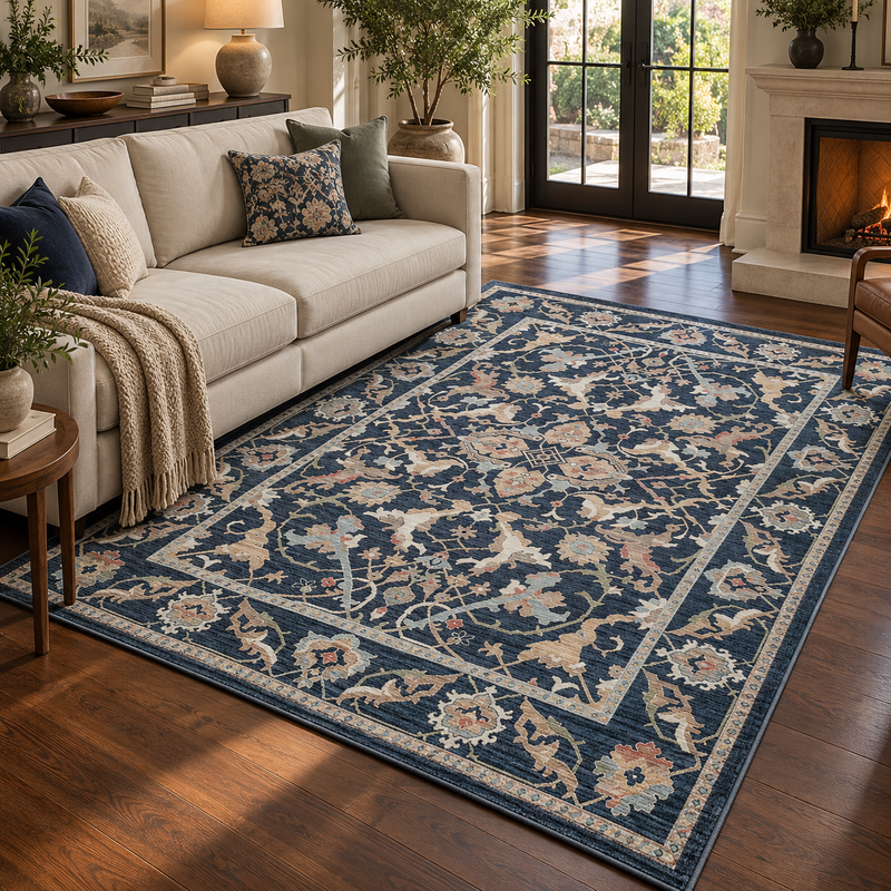 Prestige Keyon Alia Deep Navy Blue & Ivory Cream Oriental Vintage Rug