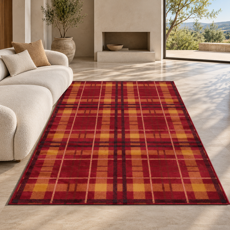 Urco Tartan Checks Rich Crimson Red & Mustard Abstract Contemporary Rug