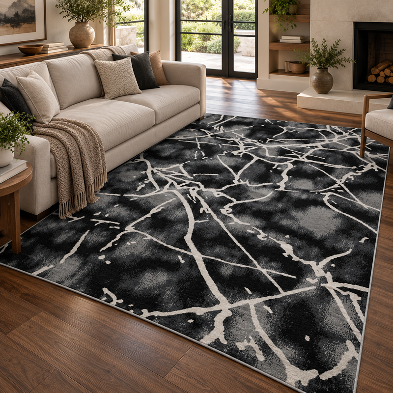Balletto Black Marble Modern Contemporary Rug