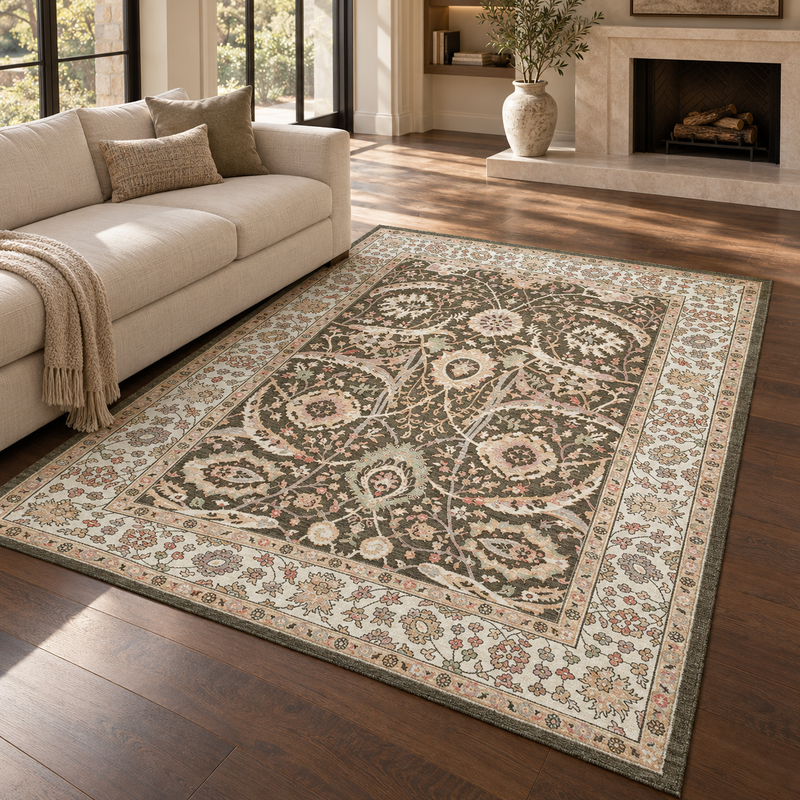 Prestige Viana Alia Deep Olive Green & Ivory Cream Oriental Vintage Rug