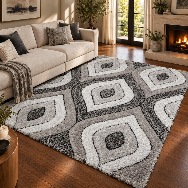 Luxus Teardrop Grey & Charcoal Contemporary Plush Shaggy Rug