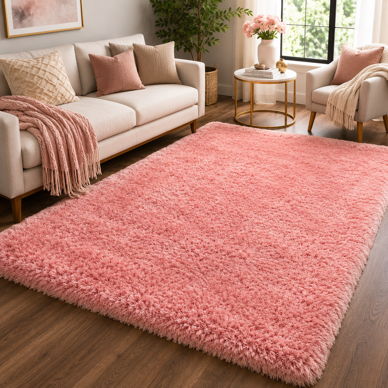 Handmade Mayfair Pink Plush Contemporary Shaggy Rug