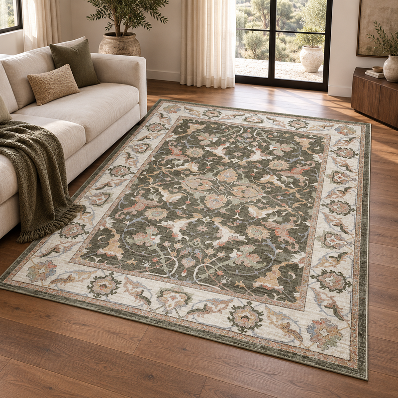 Prestige Keyon Alia Olive Green & Ivory Cream Oriental Vintage Rug