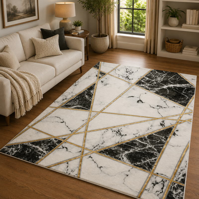 Handmade Bianco Black White & Gold Modern Contemporary Rug