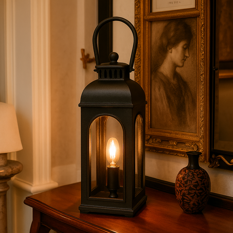 Black Finish Handmade Table Lantern Lamp | Antique Style | 19.5 inch