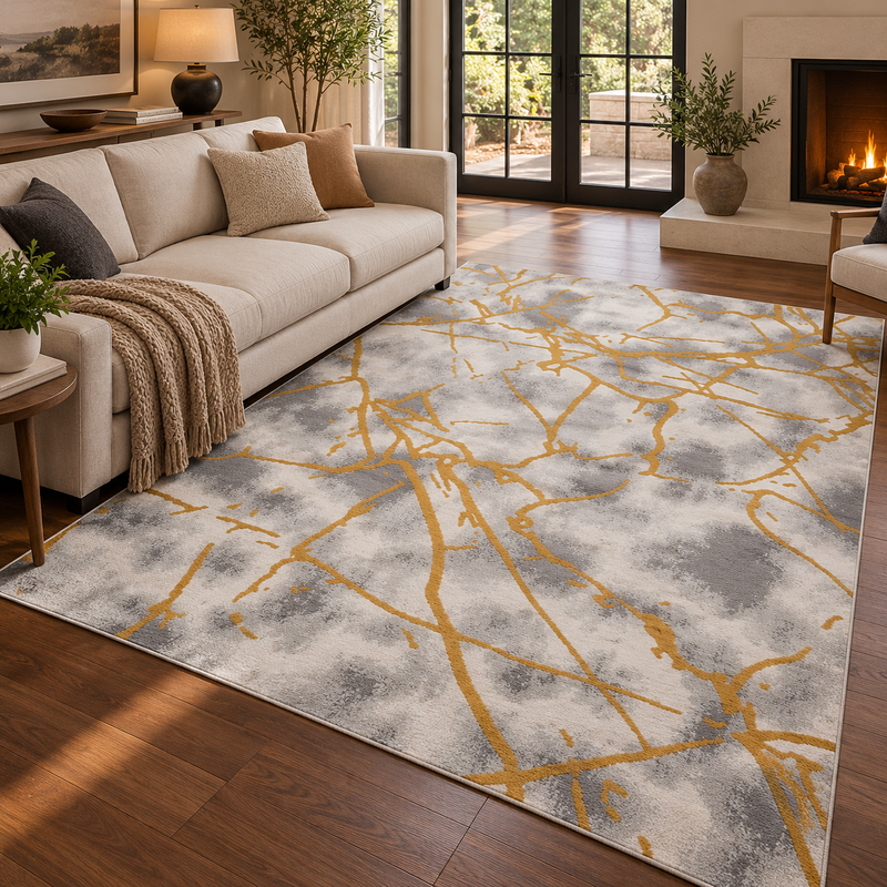 Balletto Silver & Gold Marble Modern Contemporary Rug