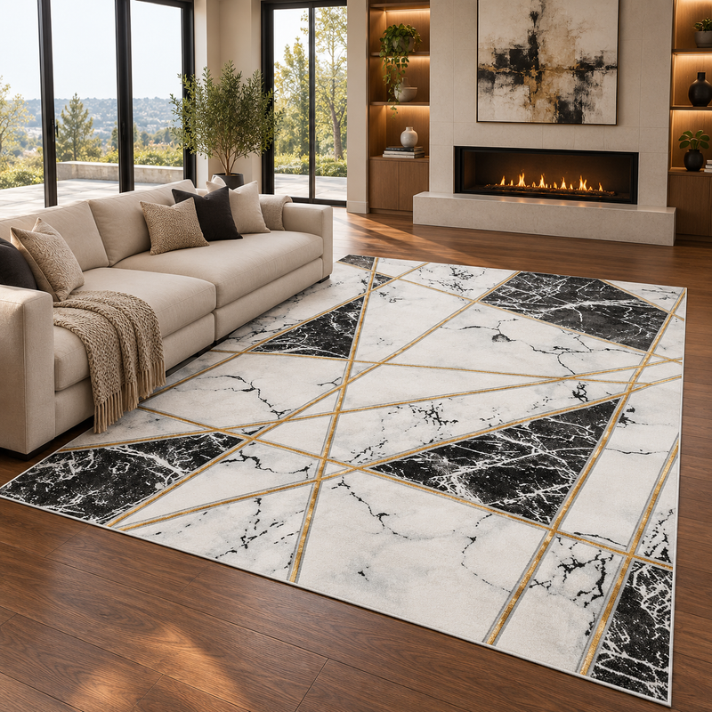 Handmade Bianco Black White & Gold Modern Contemporary Rug