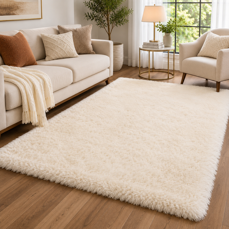 Handmade Mayfair White & ivory Plush Contemporary Shaggy Rug