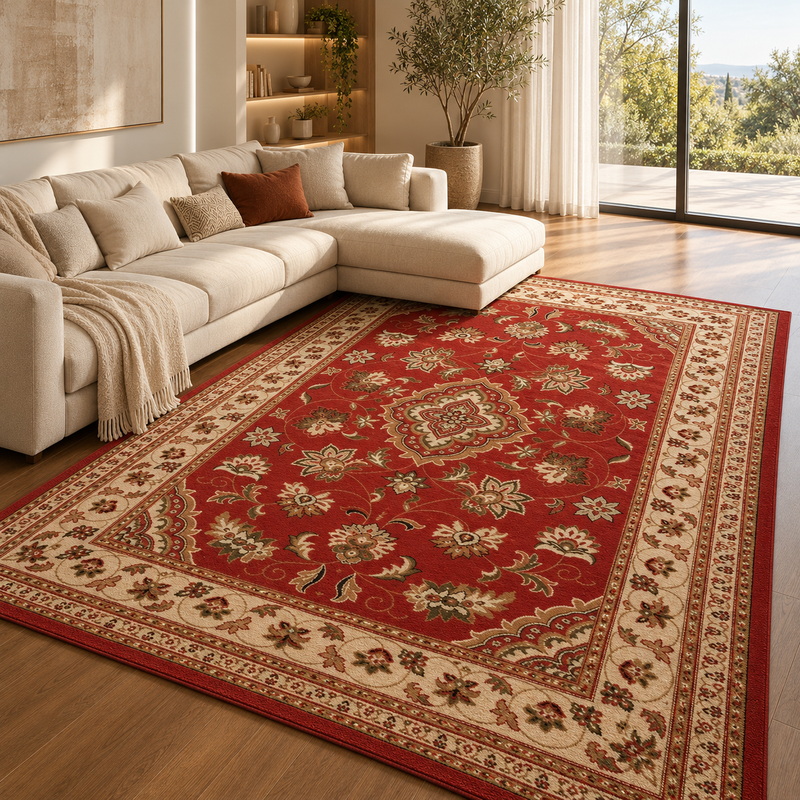Hand Made Sherbourne Crimson Red & Ivory Cream Classic Vintage Rug
