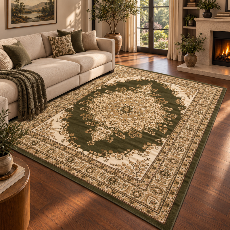 Classique Medallion Dark Green & Gold Vintage Oriental Rug