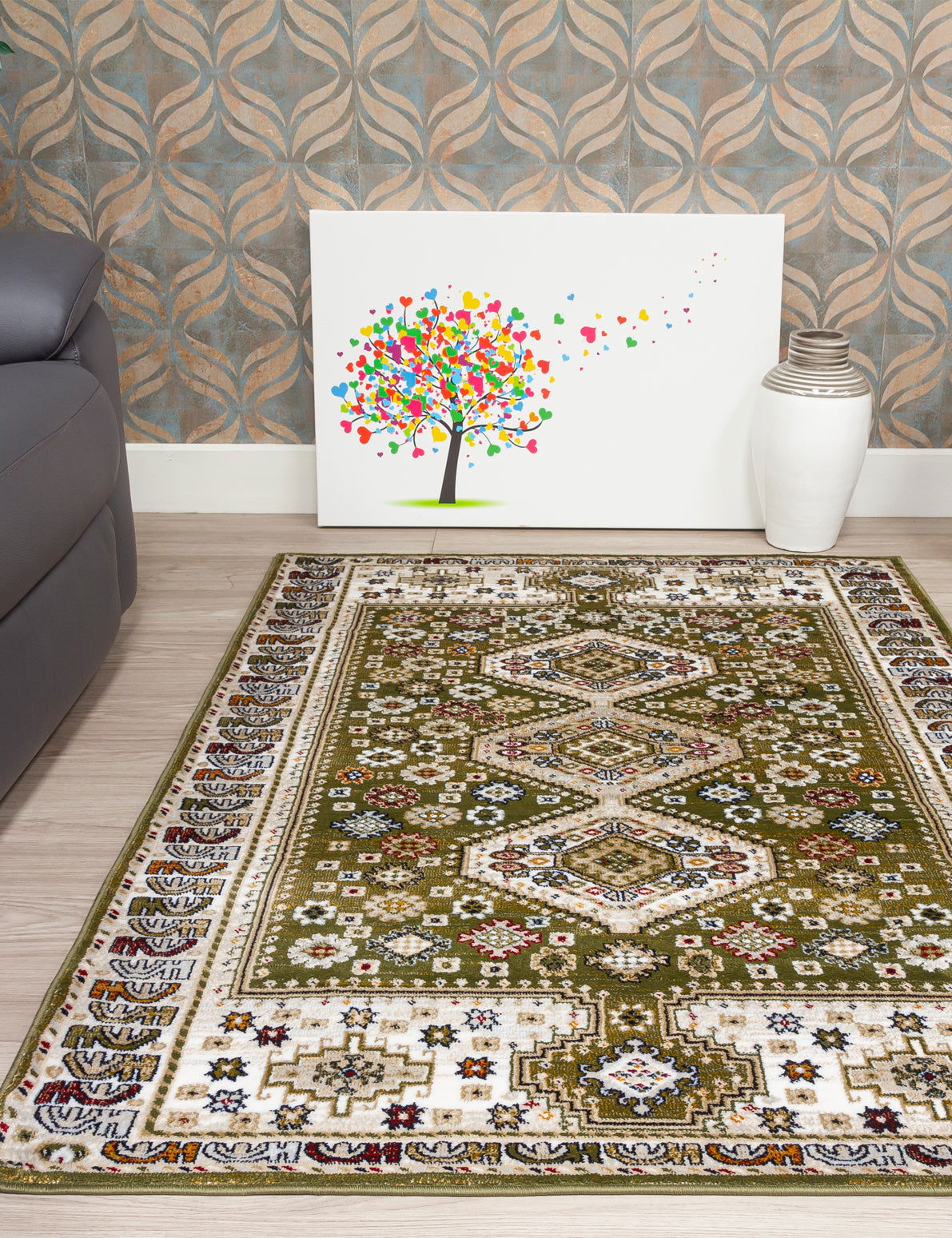 Aziza Katana Green & Beige Oriental Vintage Rug | MacCarthys