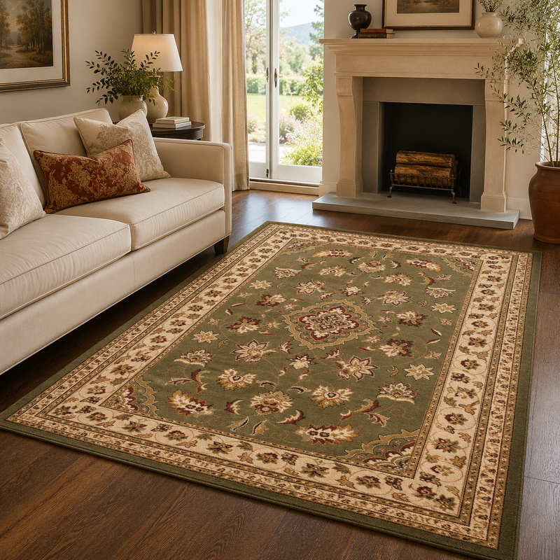 Hand Made Sherbourne Green & Beige Classic Vintage Rug