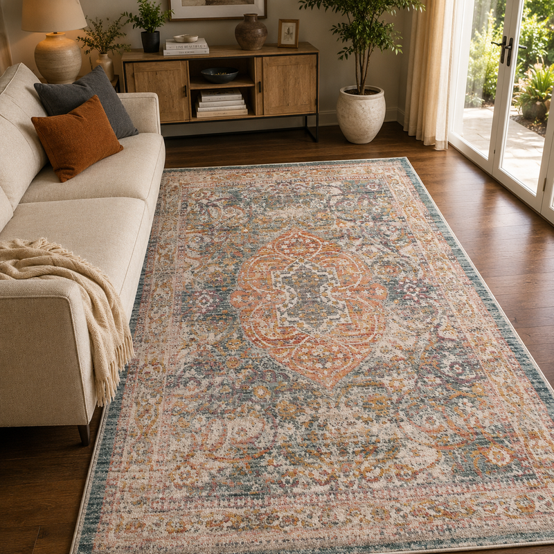 Urco Nova Noah Blush Pink & Green Classic Vintage Rug