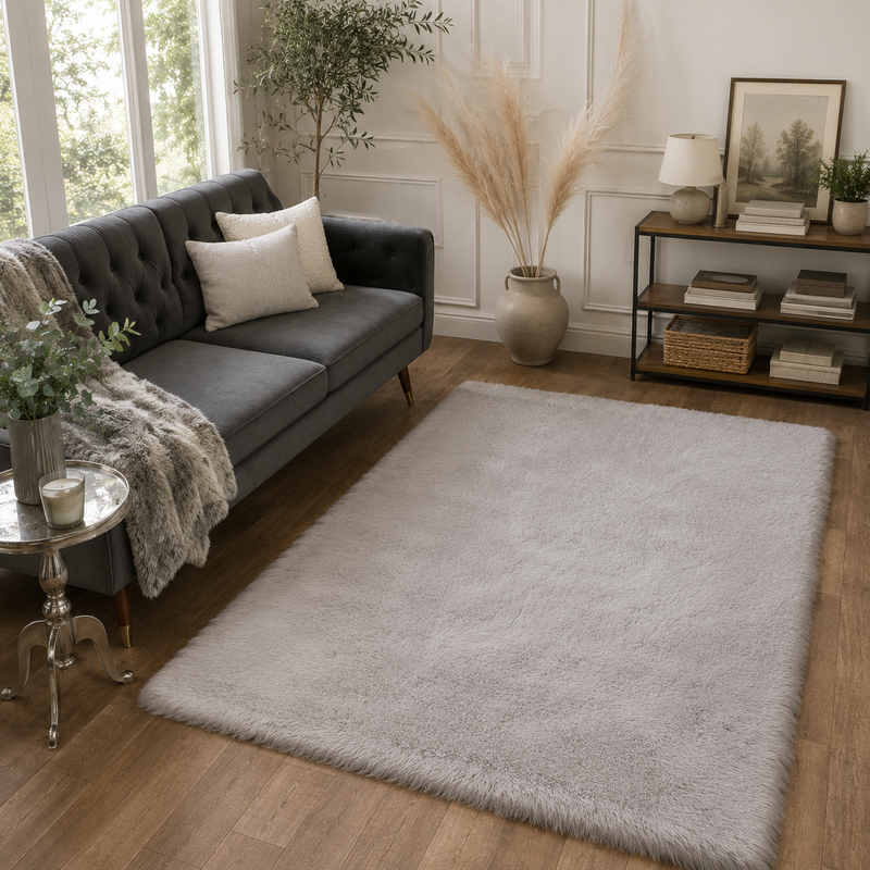 Prestige Super Luxe Faux Fur Silver Modern Contemporary Rug