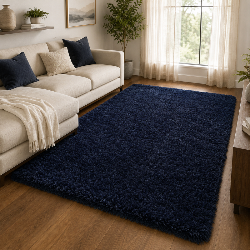 Handmade Mayfair Navy Plush Contemporary Shaggy Rug