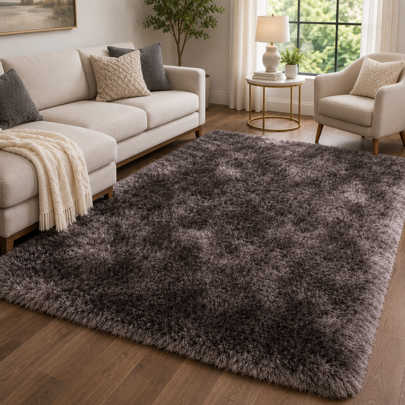Handmade Mayfair Chocolate & Charcoal Plush Contemporary Shaggy Rug
