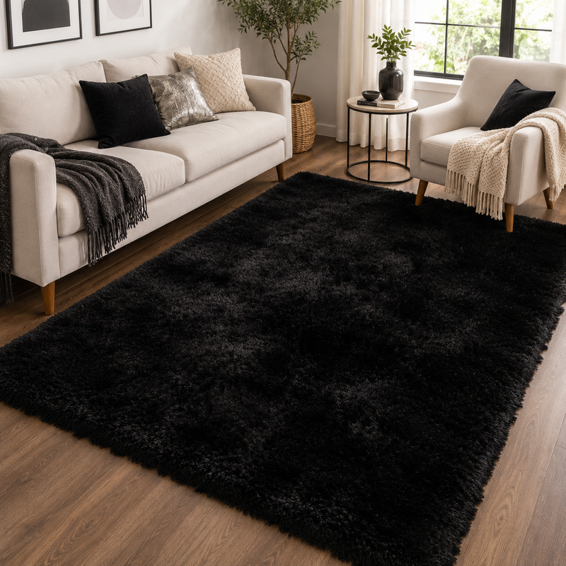 Handmade Mayfair Black Plush Contemporary Shaggy Rug