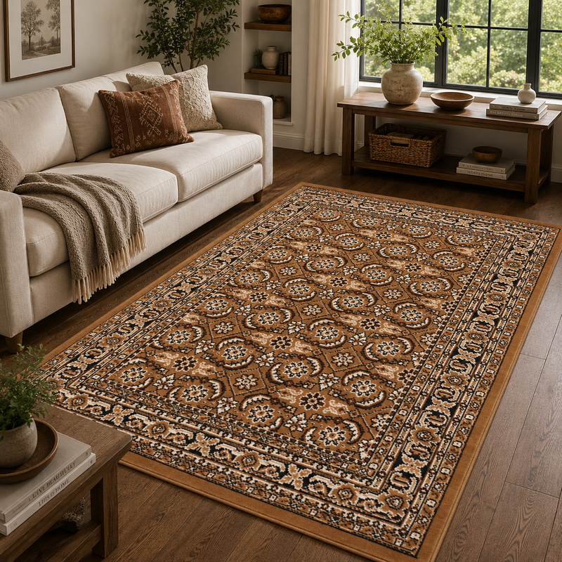 Traditional Poly Esta Gold & Black Bohemian Vintage Rug