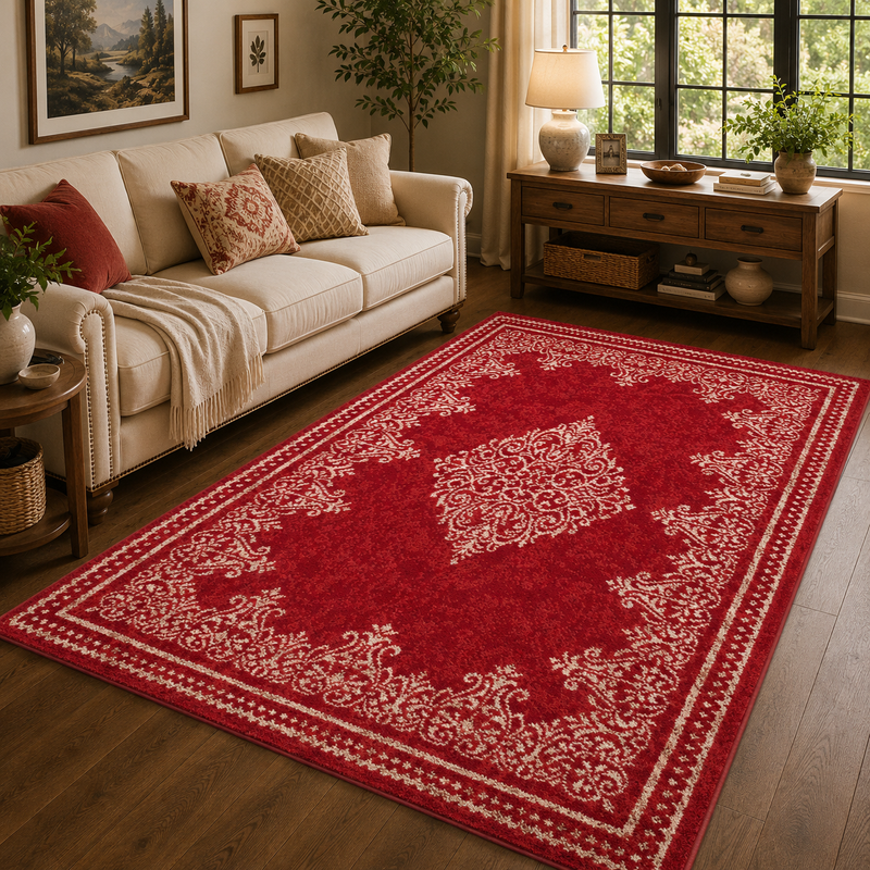 Traditional Poly Douglas Red & White Bohemian Vintage Rug