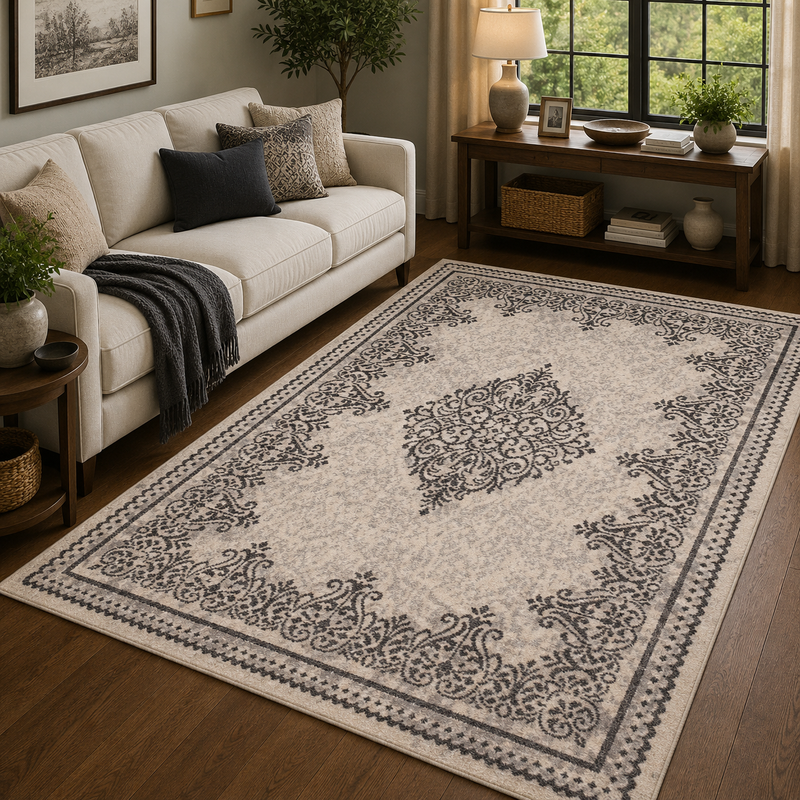 Traditional Poly Douglas Cream & Black Bohemian Vintage Rug