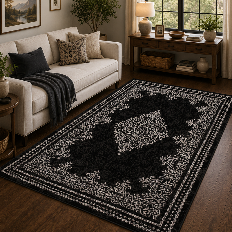 Traditional Poly Douglas Black & Grey Bohemian Vintage Rug