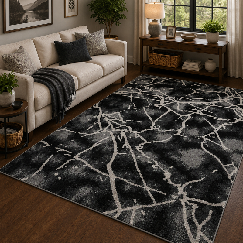 Balletto Black Marble Modern Contemporary Rug