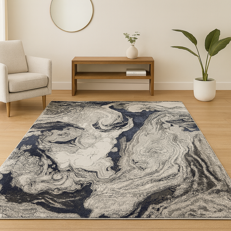 Boutique Vivid  Midnight Blue & Silver Marble Pattern Rug