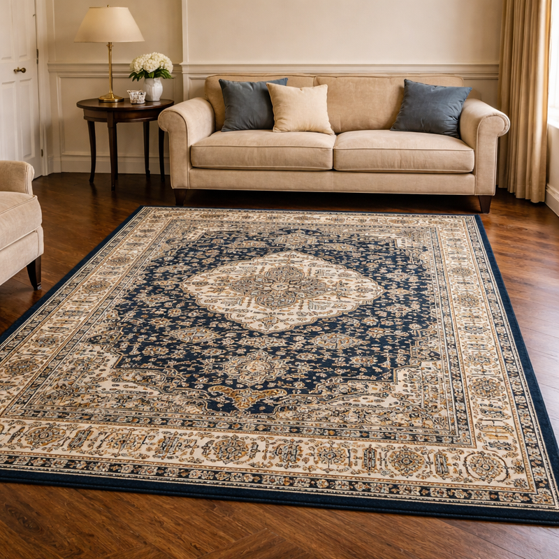 Aziza Medallion Navy & Beige Colour Vintage Oriental Rug