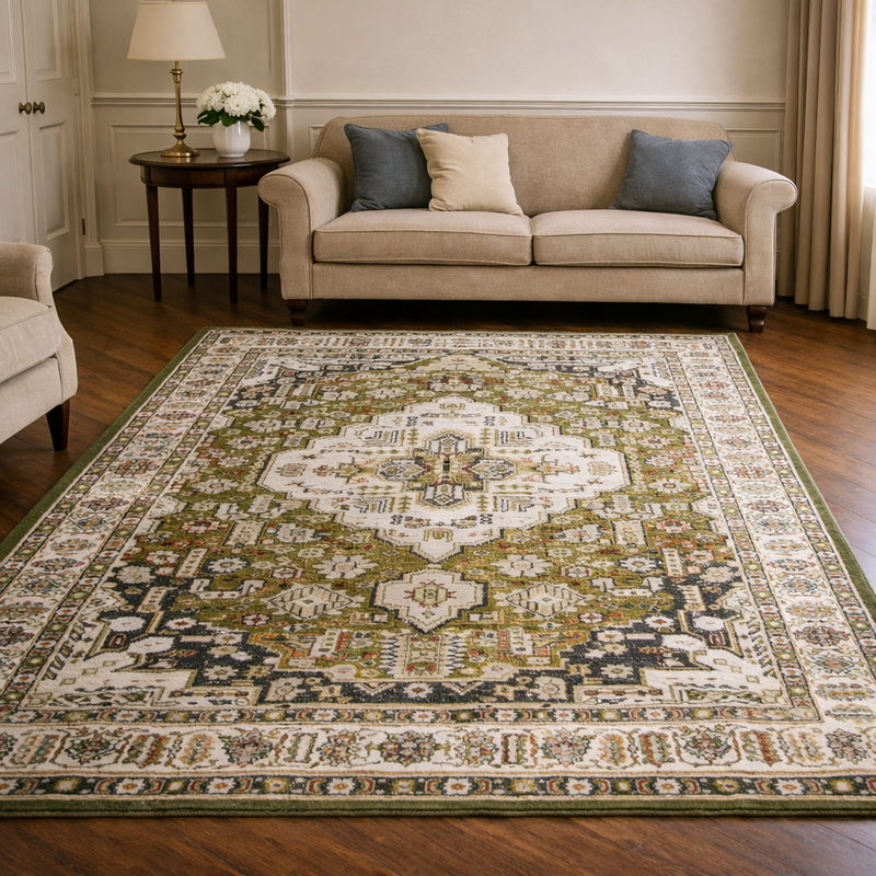 Aziza Medallion Green & Brown Vintage Oriental Rug