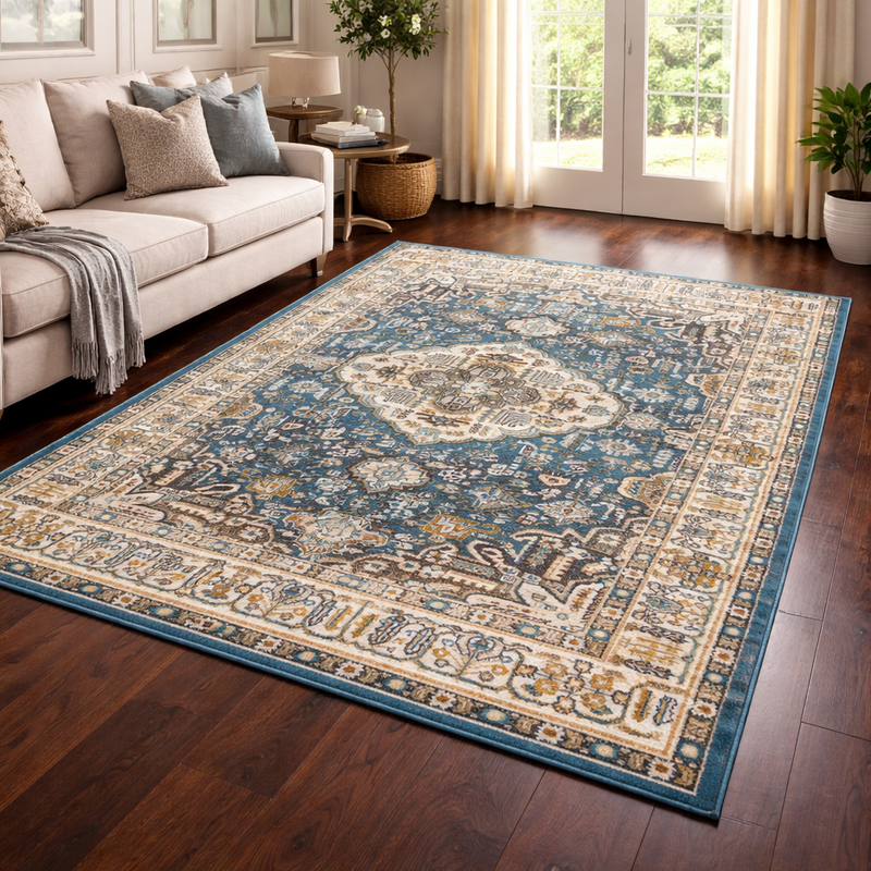 Aziza Medallion Blue & Brown Vintage Oriental Rug