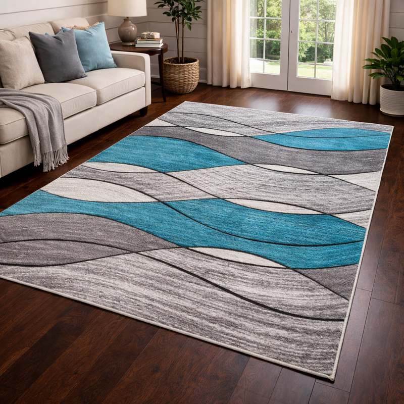 Impulse Waves Teal & Grey Contemporary Wave Pattern Rug