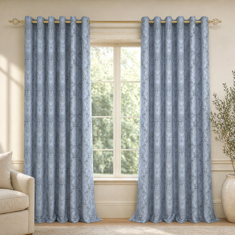 Imperial Blue & Duckegg Interlined Curtains | Oriental Pattern