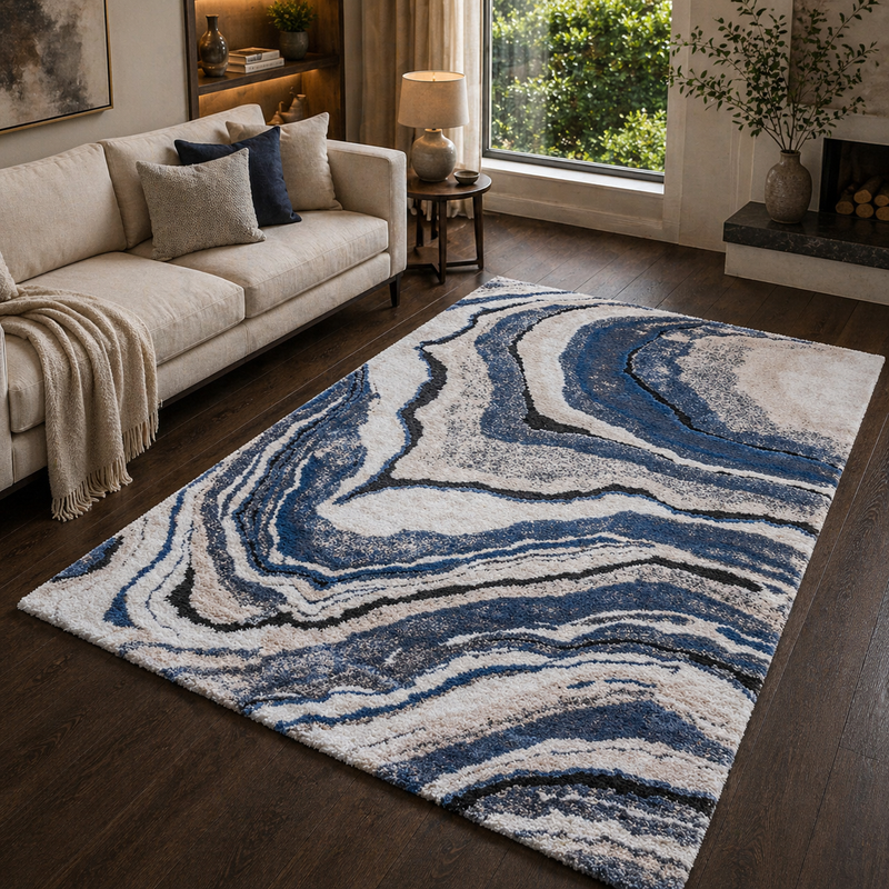 Astoria Mandana Blue & Grey Contemporary Marble Pattern Rug