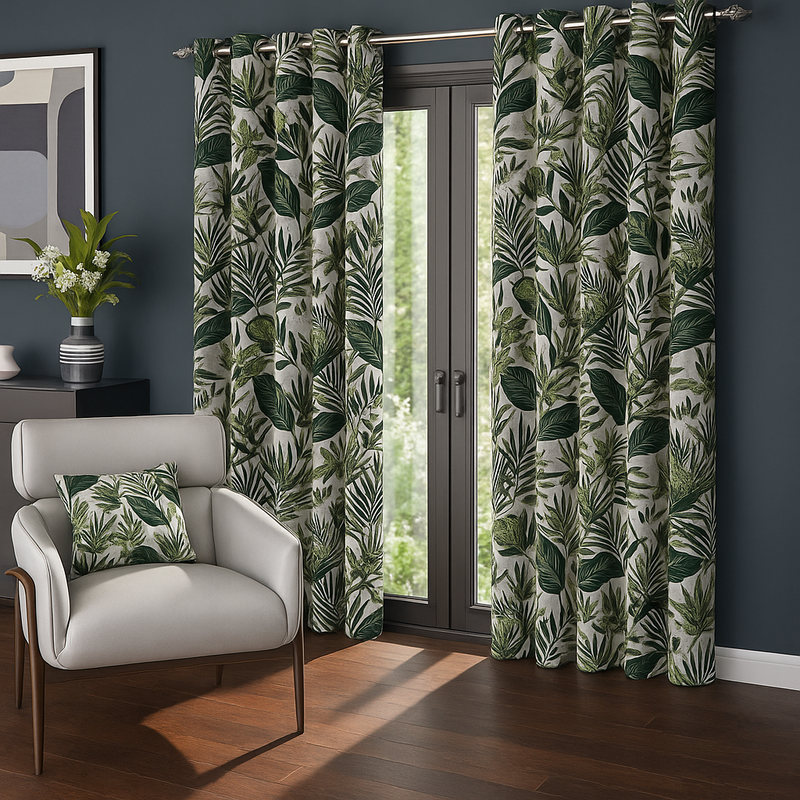Amazonia Fern/Green Microfibre Lined Curtains | Floral Pattern
