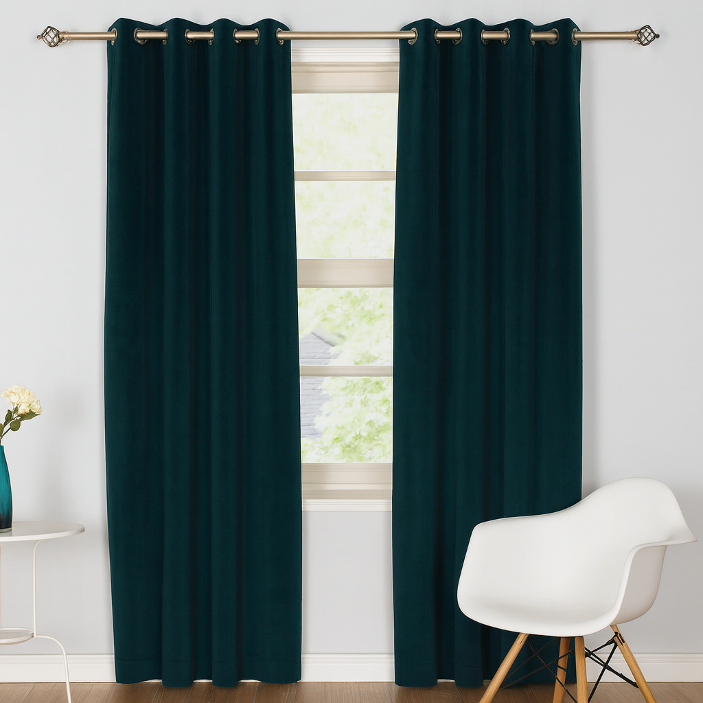 Green/Marine Velvet Interlined Curtains | Minimal Pattern | Elegance
