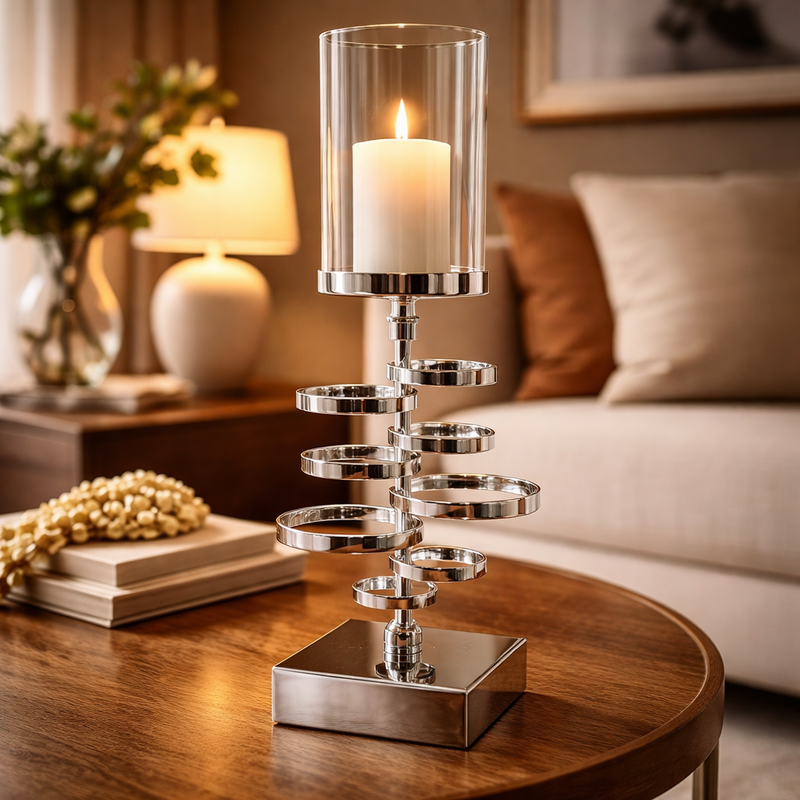 Contemporary Silver Candle Holder with Clear Glass Pillar Shade