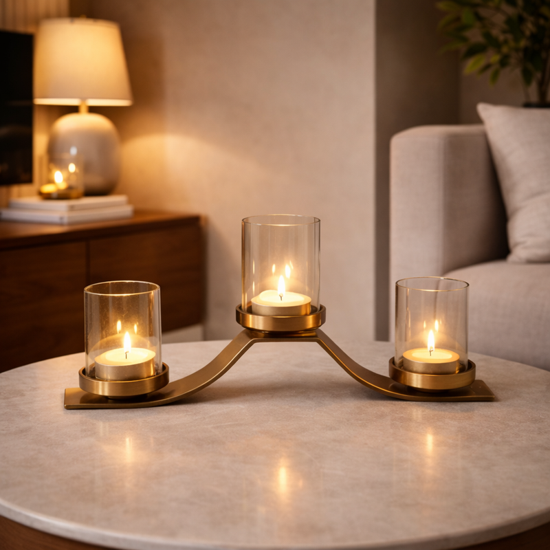 Triple Candlehodler with Glass Antique Brass