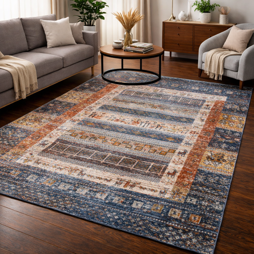 Blue/Orange Rug | Verdi Tableau | Patchwork Pattern Rug