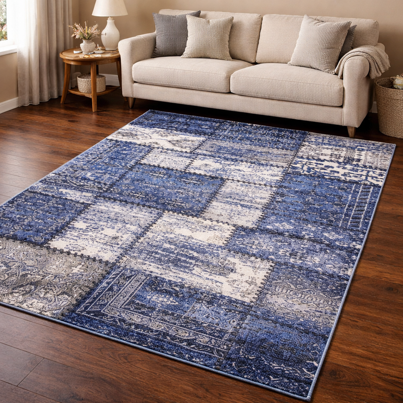 Antika Patchwork Navy & Grey Contemporary Patchwork Rug