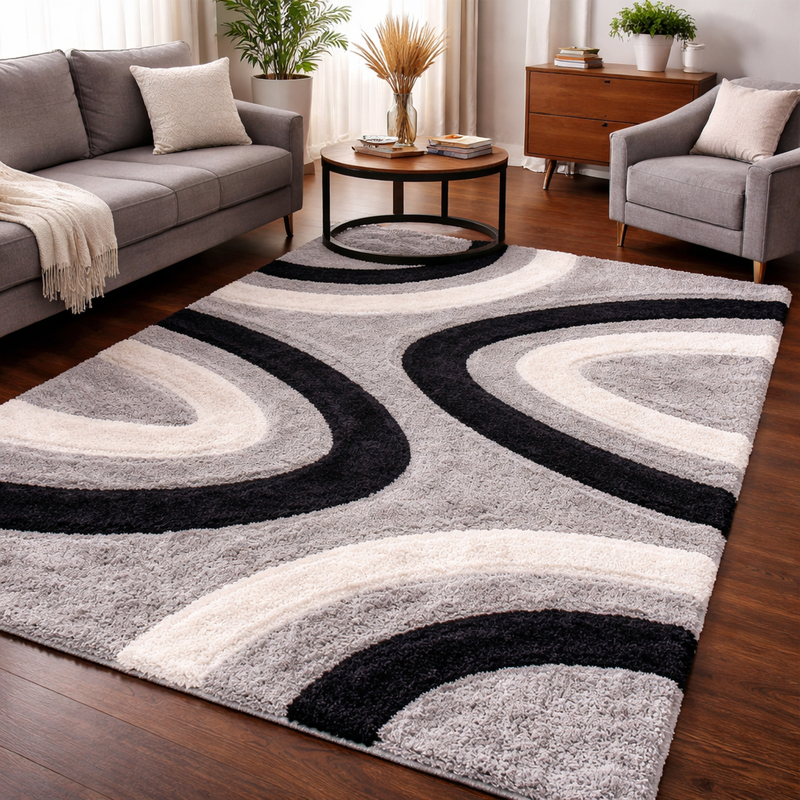 Luxus Ripple 3D Grey & White Contemporary Plush Shaggy Rug